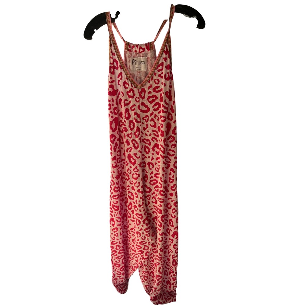 Pitusa Pink Red Leopard Print Harem Jumpsuit Embroidered Trim Standard Size